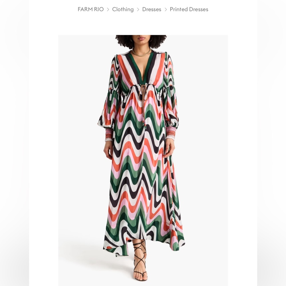 NWT Farm Rio Green Pink Wave-Print V-Neck Maxi Dress